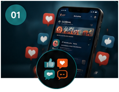 Social media marketing – phone showing engagement icons